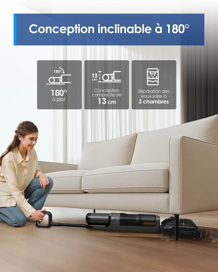 Tineco Floor One i6 Stretch Aspirateur Laveur sans Fil, Aspirateur Sec et Humide, Aspiration Puissante 20 kPa, portée à Plat 180°, Nettoyage Deux Bords, 40 Min d'autonomie, séchage 5 Min 85°C - 5