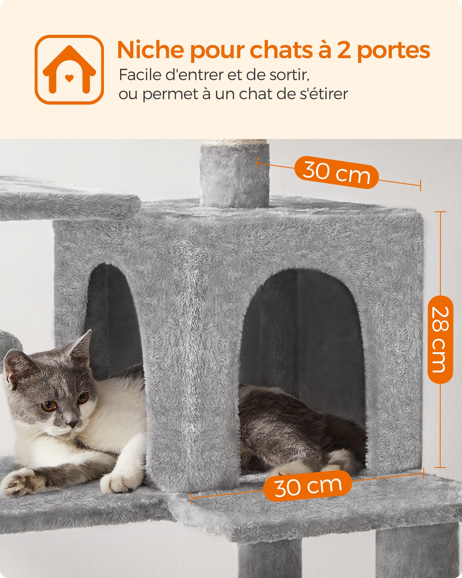 Feandrea Arbre à Chat Hauteur 143 cm, Tour de Jeux pour Chats, avec 4 Poteaux à Griffer, 2 Plateformes, 1 Niche, 1 Hamac, 2 Pompons, en Tissu Peluche, Multi-Niveaux, Gris Clair PCT161W01 - 5