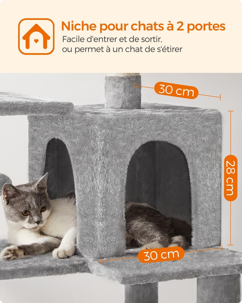 Feandrea Arbre à Chat Hauteur 143 cm, Tour de Jeux pour Chats, avec 4 Poteaux à Griffer, 2 Plateformes, 1 Niche, 1 Hamac, 2 Pompons, en Tissu Peluche, Multi-Niveaux, Gris Clair PCT161W01 - 5
