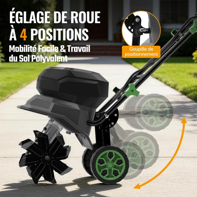 WORKPROX Motobineuse Électrique sans Fil 40V, Largeur 30 cm, Profondeur 20 cm, Batteries 2×4000 mAh, Guidon Pliable, Roues 4 Positions, Compacte et Silencieuse pour Jardin, Potager et Verger - 7
