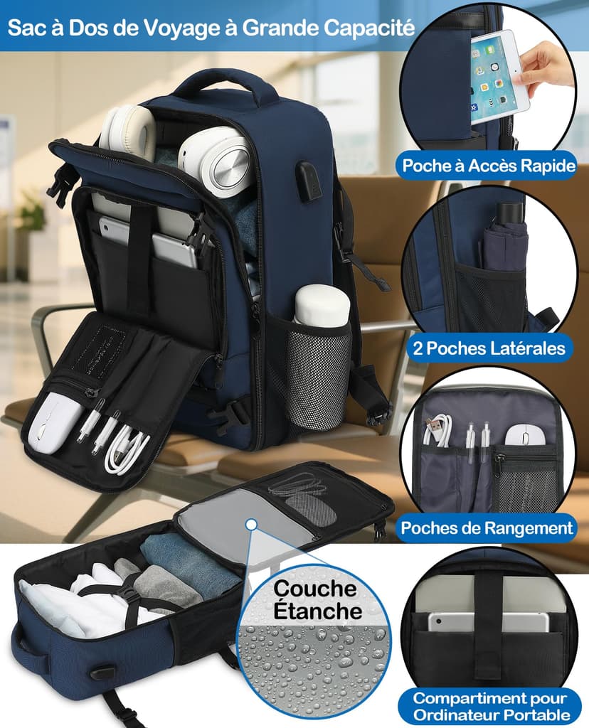 KLOSTAIN Sac à Dos Voyage Cabine Avion 45x36x20 pour Easyjet 30L Bagage Cabine Grande Bagage à Main sous Le Siège Sac à Dos Homme pour Ordinateur Portable 14 Noir - 4