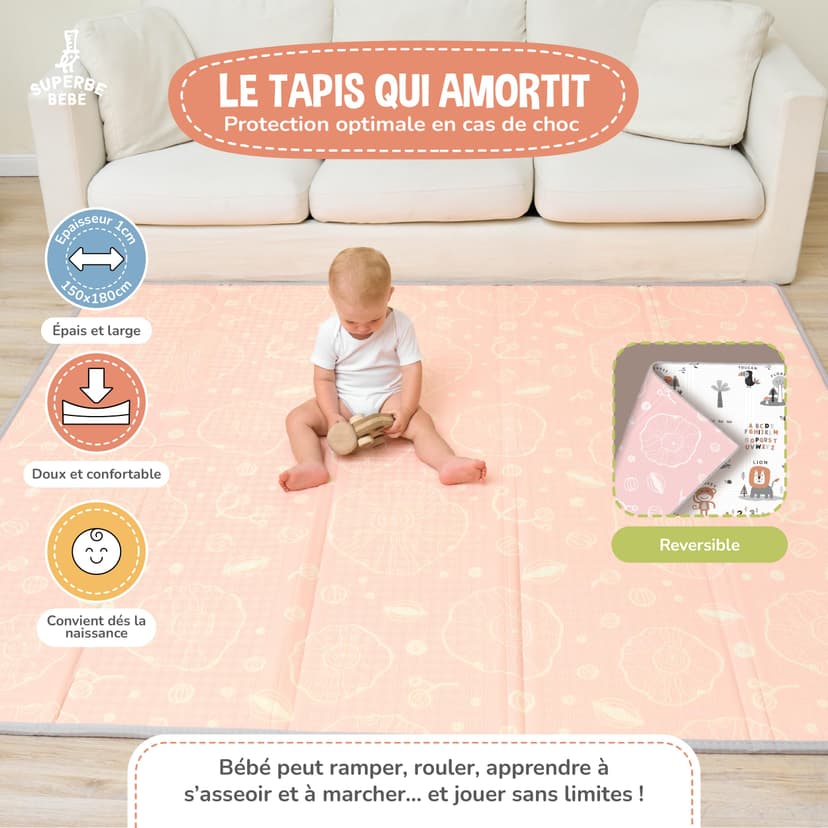 Tapis D'éveil Bébé Pliable Epais Réversible 150x180x1cm - tapis De Jeu Pour Enfant Bebe - tapis De Sol XXL En Mousse - Tapis De Motricité Favorisant Le Développement Sensoriel - Cadeau Naissance Bébé - 2