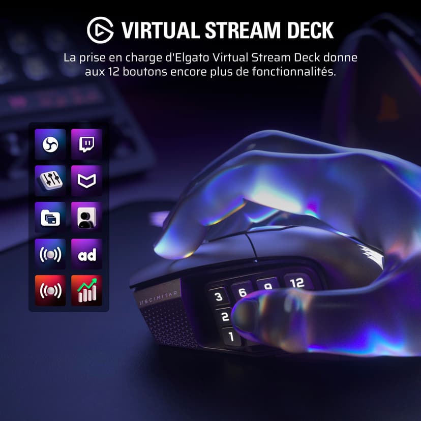 Corsair Scimitar Elite Wireless SE MMO Souris de Jeu – 33 000 DPI, 16 Boutons Programmables, Adjustable Key Slider™, Elgato Virtual Stream Deck, 1K Hyper-Polling, Jusqu'à 150h de Batterie – Gunmetal - 5