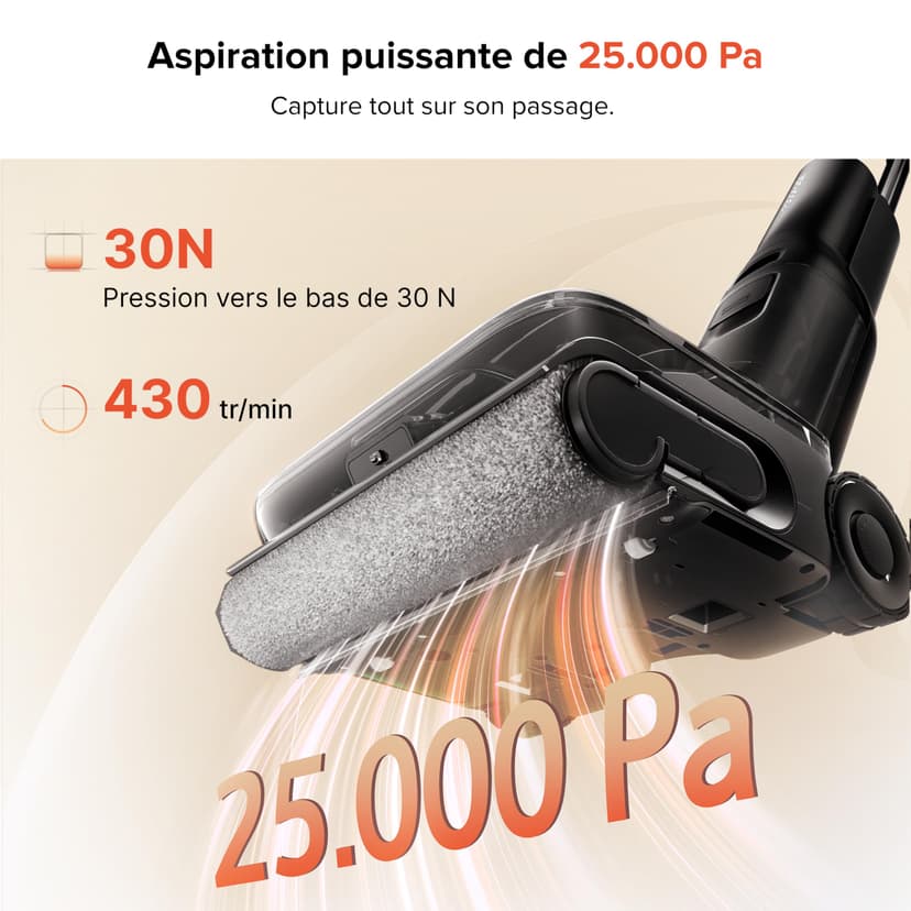 roborock F25 ACE Pro Aspirateur Laveur sans Fil, 25000Pa, JetFoaming Anti-Taches, Brosse Anti-Emmêlement, Design 180° à Plat, Auto-Nettoyage Eau Chaude & Séchage, 60 Min - 9