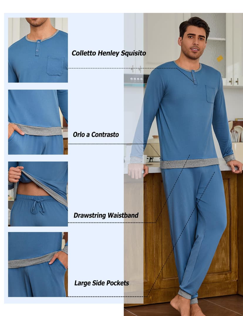 Mens Pyjama Set Winter Pajamas Henley Shirt Plain Color Nightwear For Men Long Sleeve Pjs Top and Full Length Loungewear Bottom With Pockets S-3XL - 4