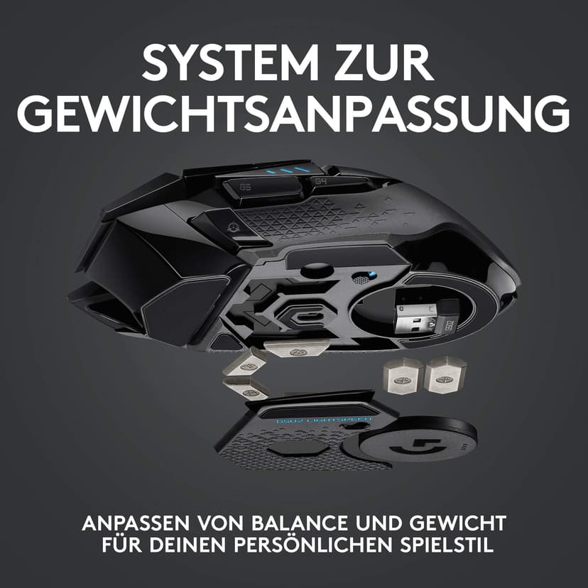 Logitech G502 LIGHTSPEED Wireless Gaming Mouse, HERO 16K Sensor, 16,000 DPI, RGB, Adjustable Weights, 11 Programmable Buttons, Long Battery Life, On-Board Memory, PC/Mac - Black (German Packaging) - 7