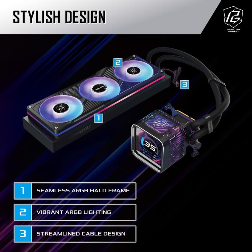 ASRock Phantom Gaming 360 LCD All-in-One CPU Liquid Cooler, 3.4" Full-Color LCD Display, 3-Phase Pump, Dual-Inlet, 360mm Radiator, 0dB Mode, 6-Year Warranty - 5