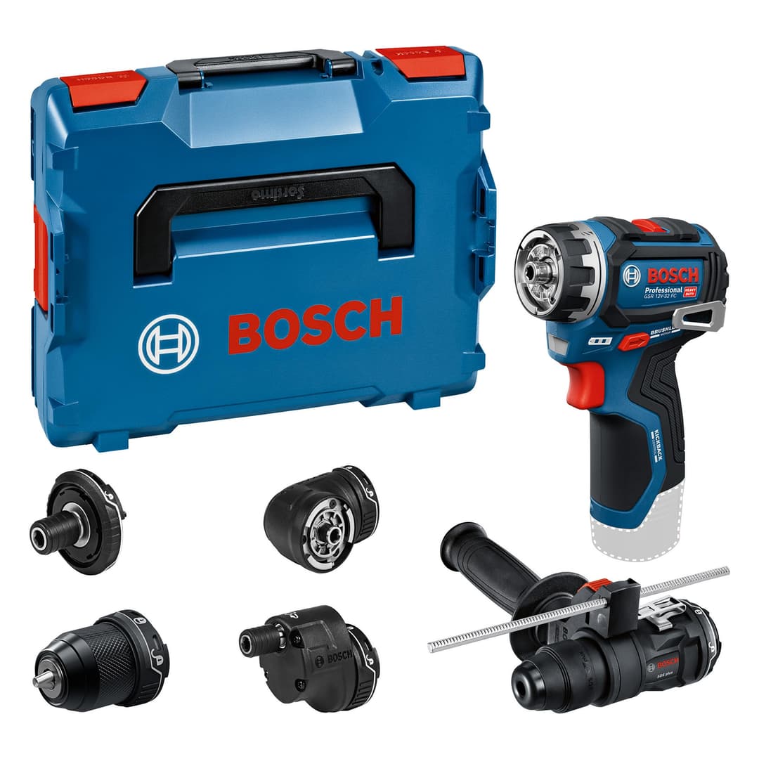 Bosch PRO 12V System Cordless Drill Driver GSR12V-32FC (incl. GFA 12-M, GFA 12-X, GFA 12-E, GFA 12-W, GFA 12-H, Aux. Handle, Depth Gauge, L-BOXX)