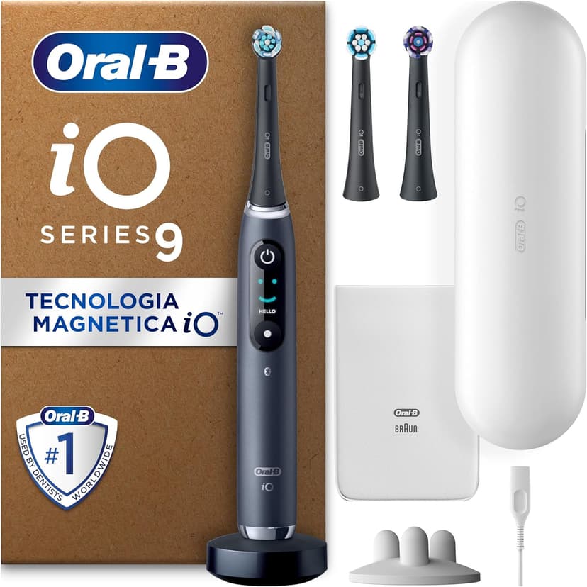Oral-B iO 9 Black Electric Toothbrush, 3 Brushes, 1 Travel Case Charger, 1 Pouch, 1 Brush Holder - 1