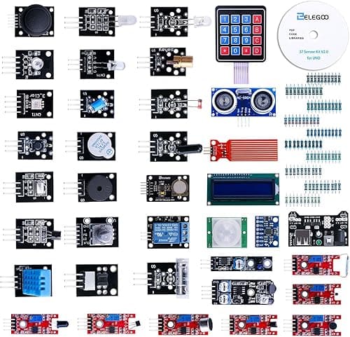 ELEGOO Upgraded 37 in 1 sensor module kit compatible with Arduino IDE with instructions for electronics projects.