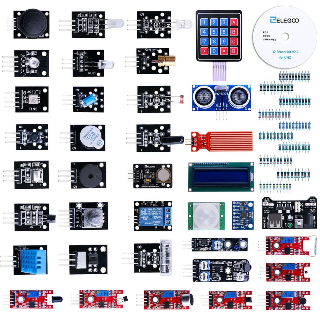 ELEGOO Upgraded 37 in 1 sensor module kit compatible with Arduino IDE with instructions for electronics projects.