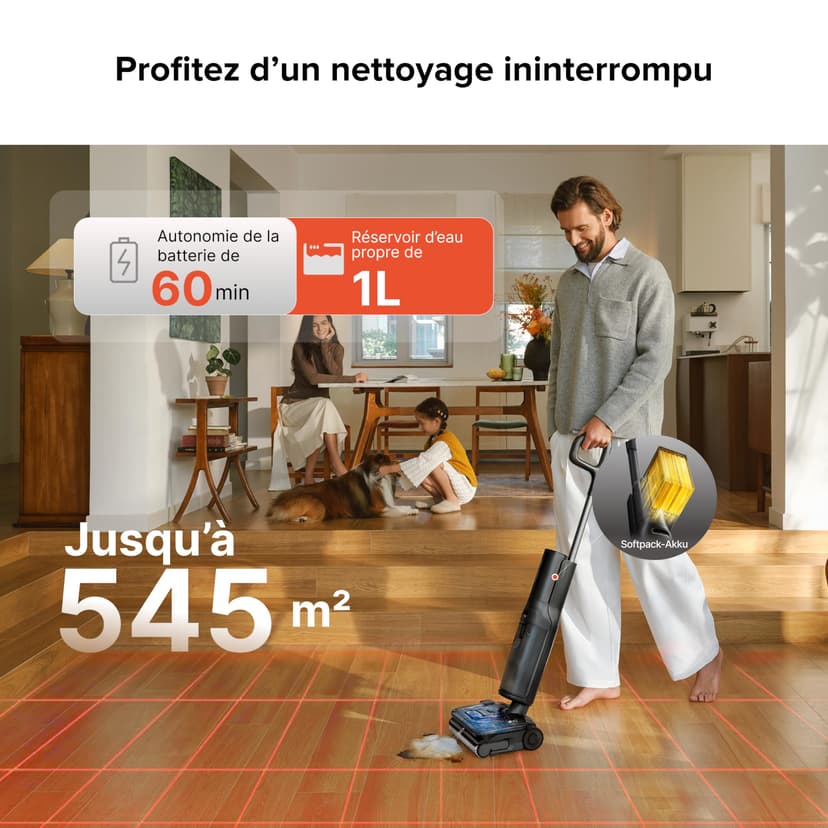 roborock F25 ACE Pro Aspirateur Laveur sans Fil, 25000Pa, JetFoaming Anti-Taches, Brosse Anti-Emmêlement, Design 180° à Plat, Auto-Nettoyage Eau Chaude & Séchage, 60 Min - 7