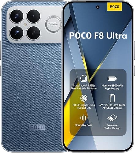 XIAOMI POCO F8 Ultra, Smartphone 16+512 GB, 6.9" 120Hz AMOLED Display, 50MP Light Fusion 950 with OIS, Sound by Bose, 6500mAh (typ) Battery, Denim Blue, Charger Not Included