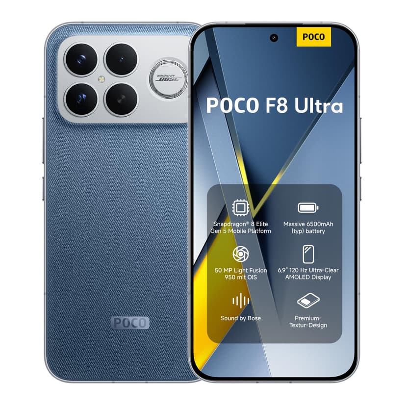 XIAOMI POCO F8 Ultra, Smartphone 16+512 GB, 6.9" 120Hz AMOLED Display, 50MP Light Fusion 950 with OIS, Sound by Bose, 6500mAh (typ) Battery, Denim Blue, Charger Not Included - 1