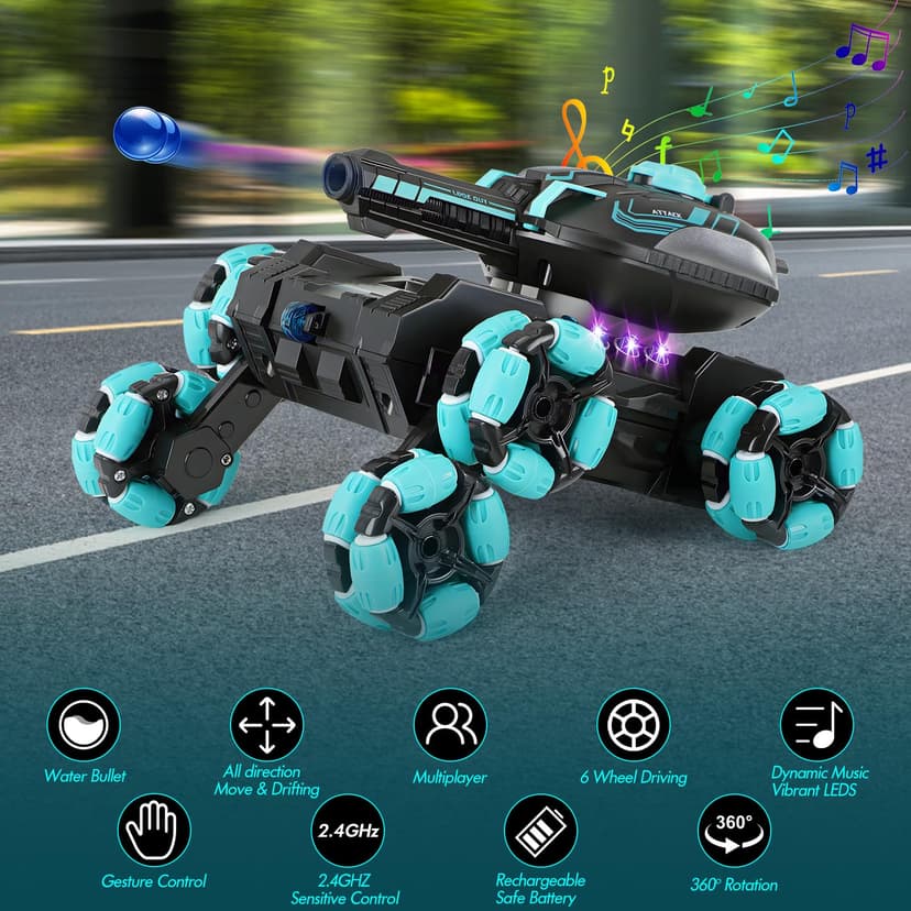 Gkstly RC Tank Toy, Gesture Sensing RC Stunt Car with Light & Music, 2.4G Remote Control Tank Shooting Water Bullets, 360° Rotation Drift Battle Tanks Birthday Festival Gifts for Adults Boys Girls - 2
