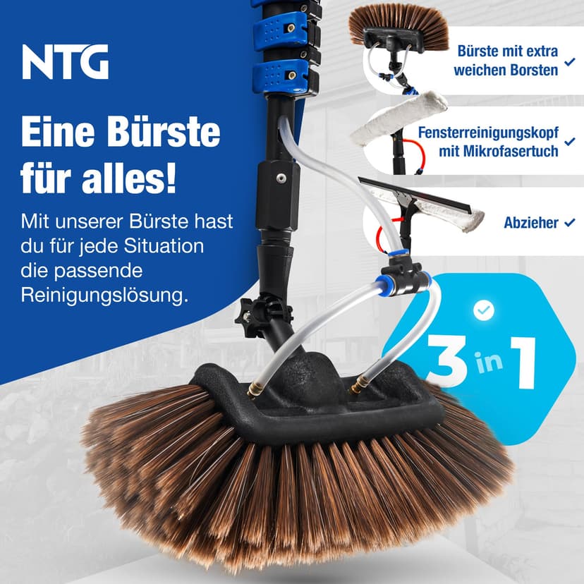 NTG Telescopic Washing Brush 1.68-7m 3-in-1 Brush Head with Extra Soft Bristles + Microfibre Cloth & Squeegee with Water Connector + Soap Dispenser for Windows, Solar (up to 3.6 metres) - 2