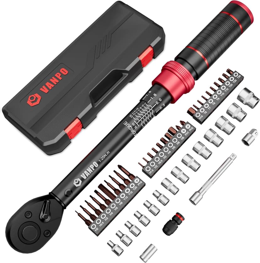 VANPO Torque Wrench 1/4 inch, 3-25 Nm, 49-Piece Set with Sockets, Extension Rod, Adapters - 1