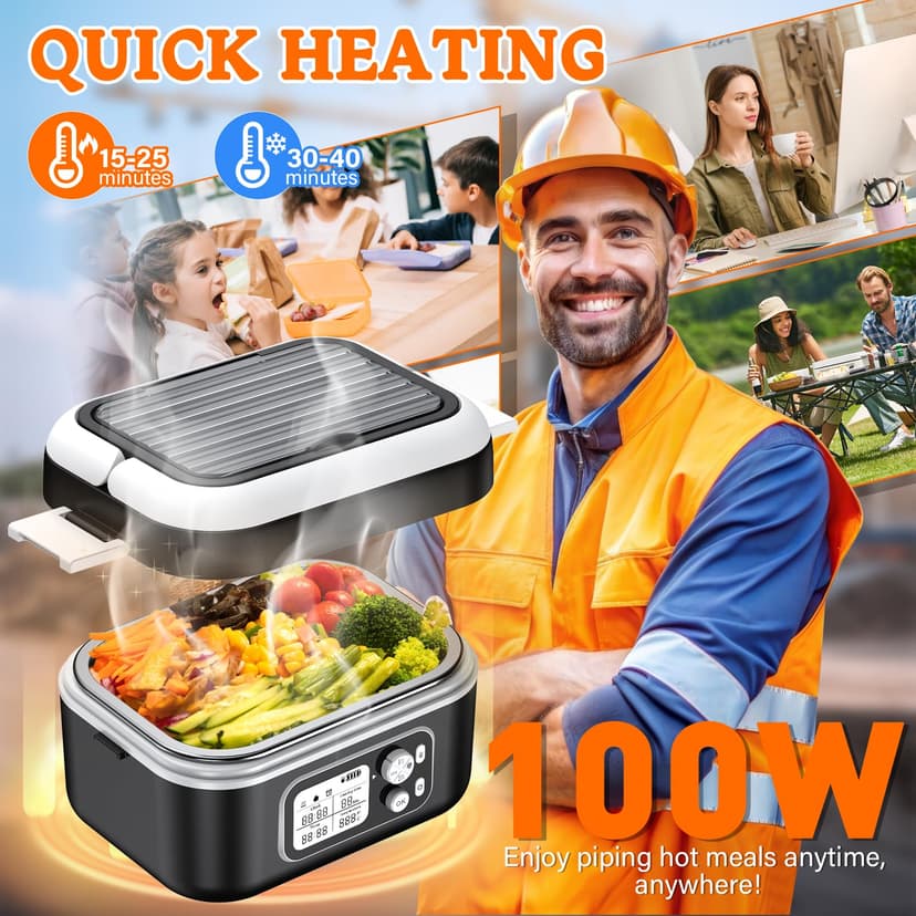 Electric Lunch Box 100 W, Electric Lunch Box 1.5 L Heat Box Insulated Heat Box Automatic Heating Function with Insulated Bag, Fork & Spoon and Removable Divider Plate - 5