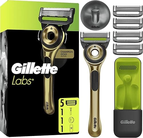 Gillette Labs Champion Gold Edition Men's Wet Razor with Cleaning Element - Includes 1 Handpiece, 1 Spare Blades, and Wall Mount for Easy Bathroom Storage