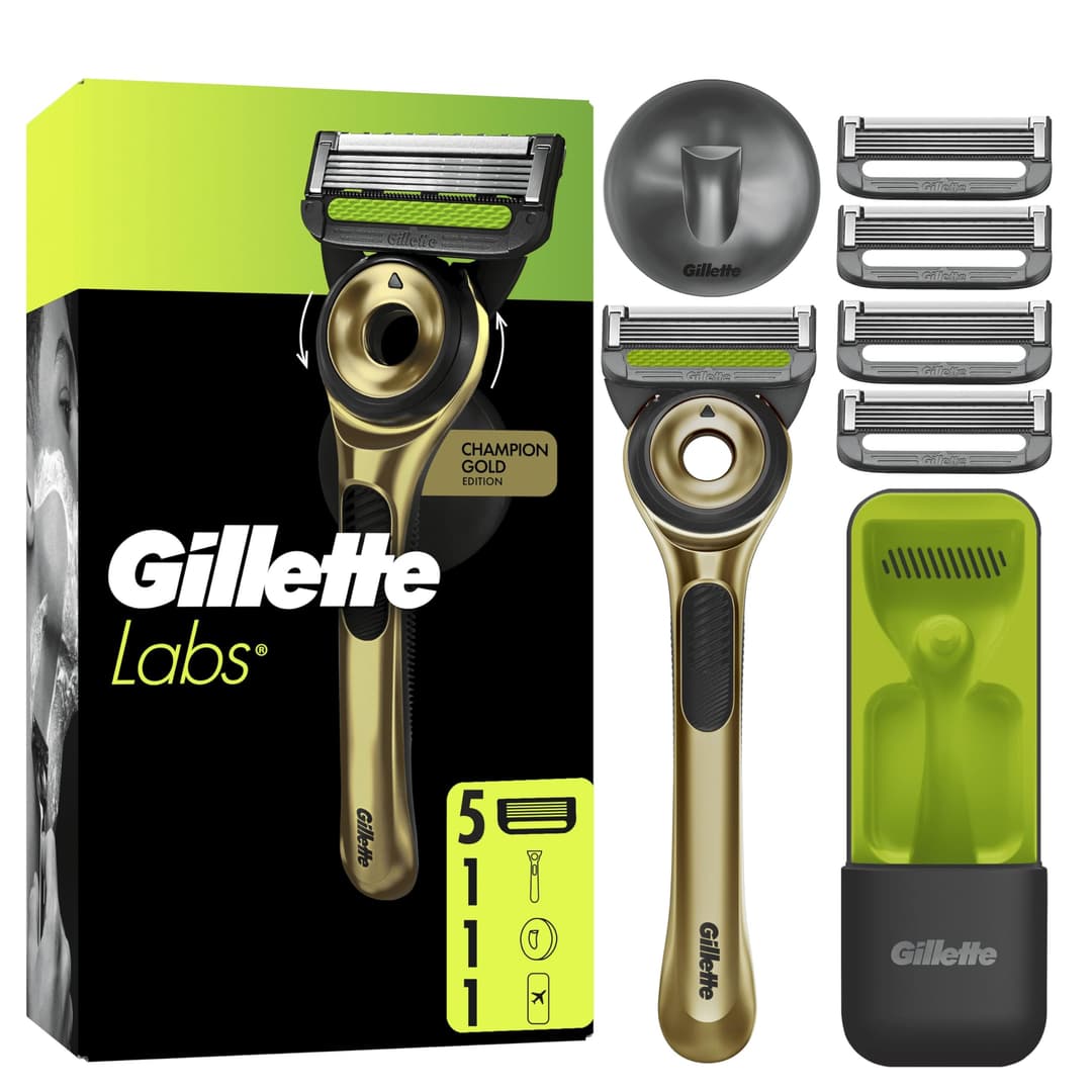 Gillette Labs Champion Gold Edition Men's Wet Razor with Cleaning Element - Includes 1 Handpiece, 1 Spare Blades, and Wall Mount for Easy Bathroom Storage