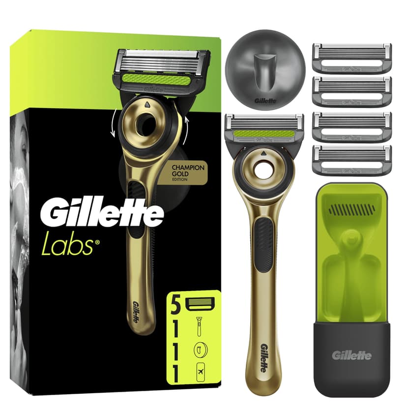 Gillette Labs Champion Gold Edition Men's Wet Razor with Cleaning Element - Includes 1 Handpiece, 1 Spare Blades, and Wall Mount for Easy Bathroom Storage - 1