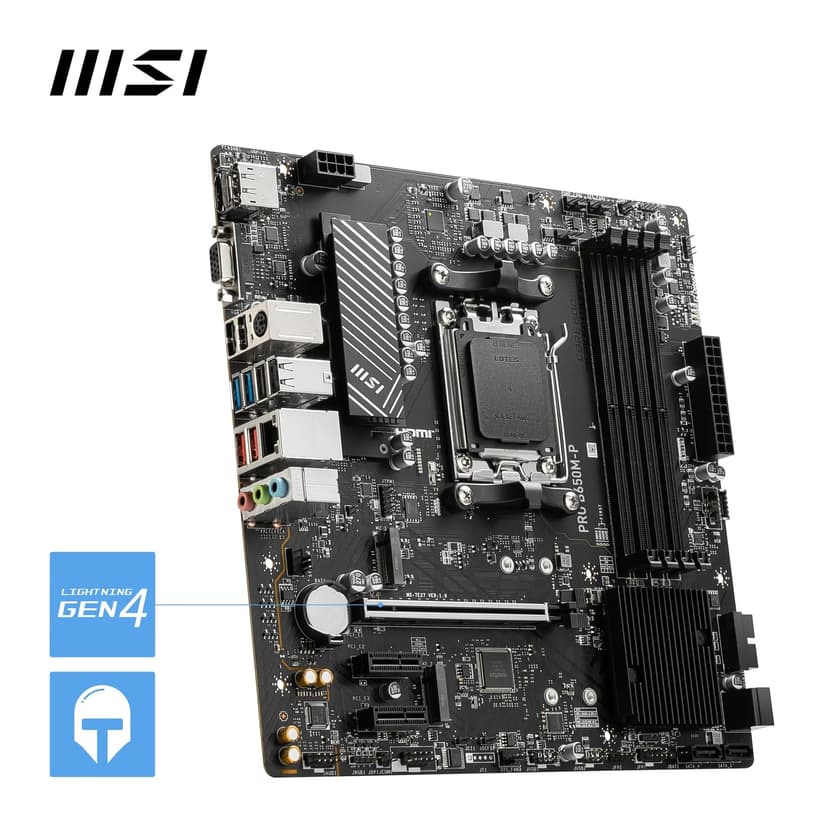 MSI PRO B650M-P Motherboard, Micro-ATX - Supports AMD Ryzen 9000/8000 / 7000 Series Processors, AM5 - DDR5 Memory Boost 6000+MHz/OC, 1 x PCIe 4.0 x16, 2 x M.2 Gen4, 2.5G LAN - 5