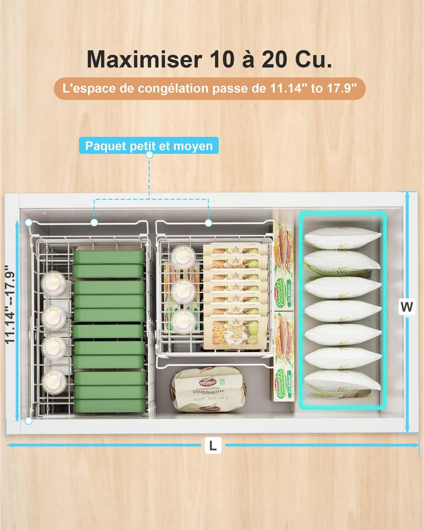 UMDONX Paniers de congélation Blanc- 4 paquets de paniers de congélation pour coffre for 283 à 566L congélateur - Organisateur de congélation empilable pour coffre,Longueur extensible(29-45x30x15cm) - 5