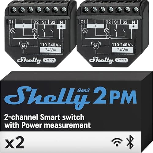 Shelly 2PM Gen3 - Wi-Fi Smart Roller Shutter Switch Module, Power Metering, 2 Channels, 16A, Motorized Blinds & Curtains Control, Alexa & Google Home, No Hub Required, Smart Home (2 Pack)