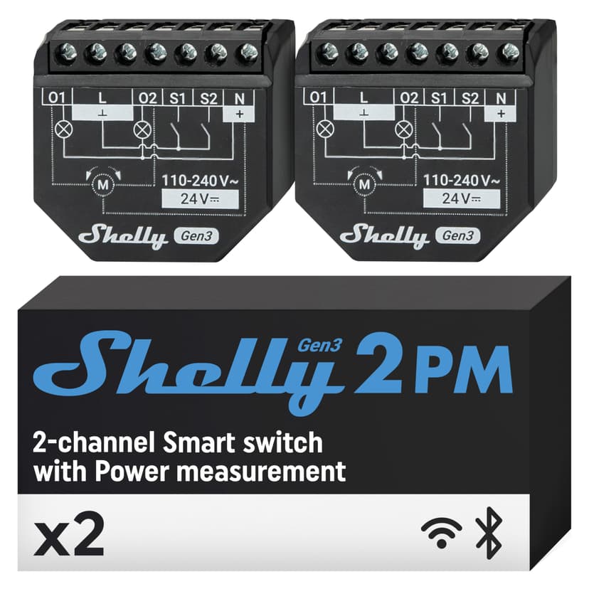 Shelly 2PM Gen3 - Wi-Fi Smart Roller Shutter Switch Module, Power Metering, 2 Channels, 16A, Motorized Blinds & Curtains Control, Alexa & Google Home, No Hub Required, Smart Home (2 Pack) - 1