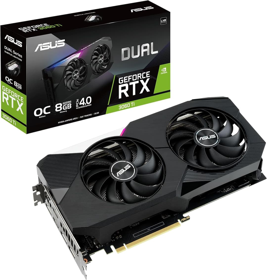 ASUS Dual NVIDIA GeForce RTX 3060 Ti V2 OC Edition Gaming Graphics Card(PCIe 4.0, 8GB GDDR6 memory,LHR, HDMI 2.1,DisplayPort 1.4a,Axial-tech Fan Design, Dual BIOS, Protective Backplate, GPU Tweak II)