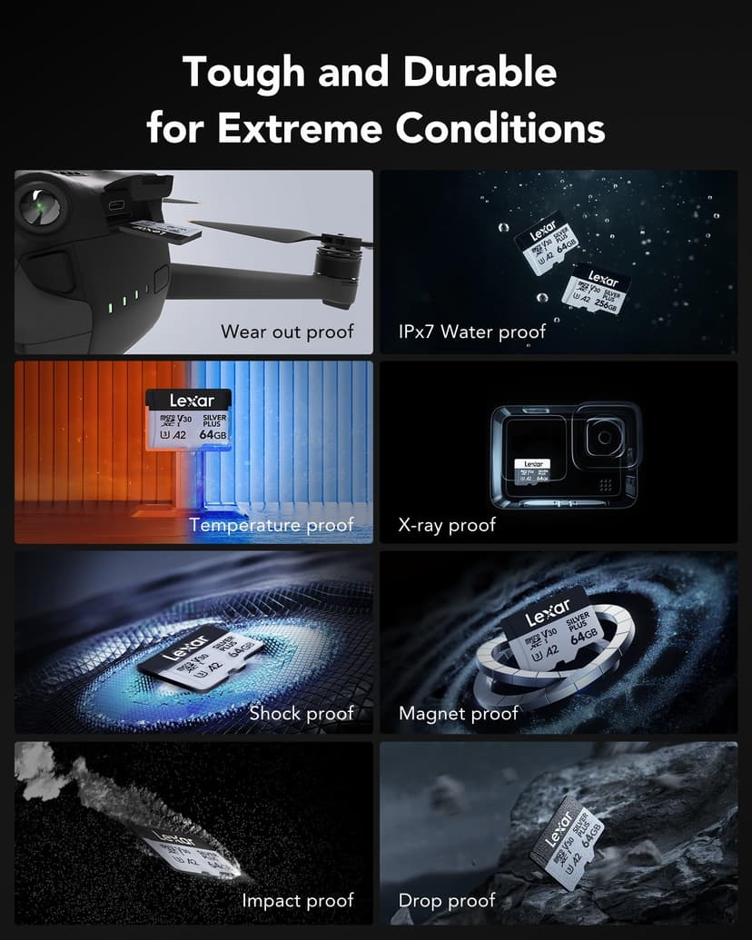 Lexar Silver Plus 64GB 2-Pack Micro SD Card up to 205 MB/s, MicroSDXC UHS-I Memory Card with Adapter, C10, U3, A2, V30, Full HD, 4K UHD, High Speed TF Card for Drone, Action Camera, Handheld Consoles - 6