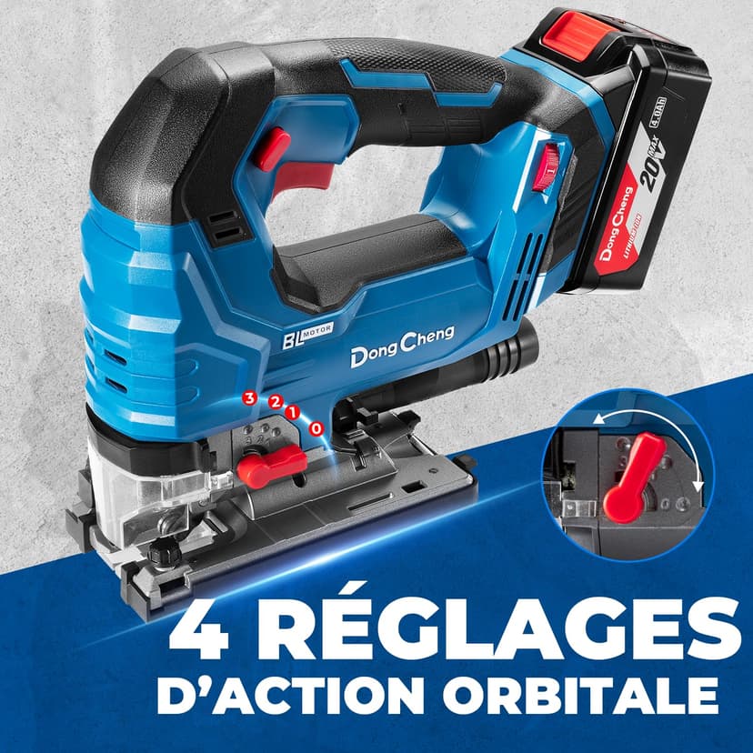 Dong Cheng Scie Sauteuse Sans Fil 18V Sans Balais, Scie Sabre Pendulaire course de 26 mm, 6 Vitesses, Coupe Biseau 0-45°, Double LED & Souffleur - Avec Batterie 4Ah, 6 Lames, Chargeur et Caisse Pro - 3