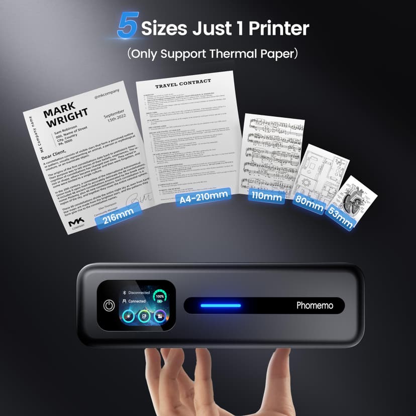 Phomemo M832D Portable Thermal Printer, A4 Touchscreen Bluetooth Inkless Printer for Home & Office, 300dpi Mobile Printers Compatible with Phone & Laptop, Wireless Printers for Business Trip, School - 5