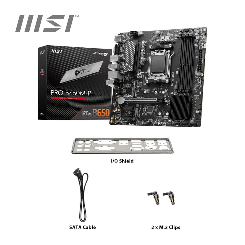 MSI PRO B650M-P Motherboard, Micro-ATX - Supports AMD Ryzen 9000/8000 / 7000 Series Processors, AM5 - DDR5 Memory Boost 6000+MHz/OC, 1 x PCIe 4.0 x16, 2 x M.2 Gen4, 2.5G LAN - 7