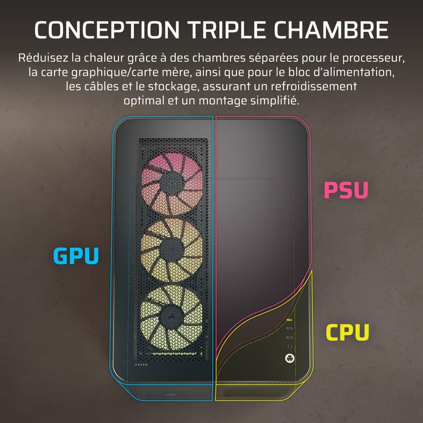 CORSAIR AIR 5400 RS-R ARGB Boîtier PC Triple Chambre Moyen-Tour Panoramique — Chambre Isolée pour AIO 360mm, Compatible Mères À Connexion Inversée, 3X Ventilateurs ARGB RS-R Inclus — Noir - 3