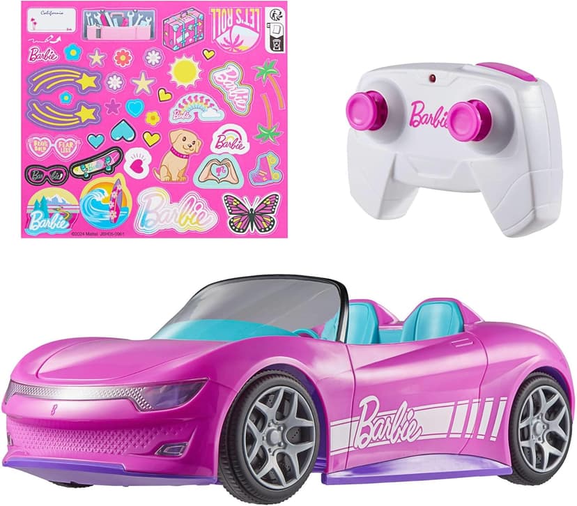 Hot Wheels Barbie RC Toy Car, Remote-Control Pink Convertible, Can Hold 2 Barbie Fashion Dolls & Trunk Opens for Storage, Sticker Sheet for Customizing, JBH05 - 1