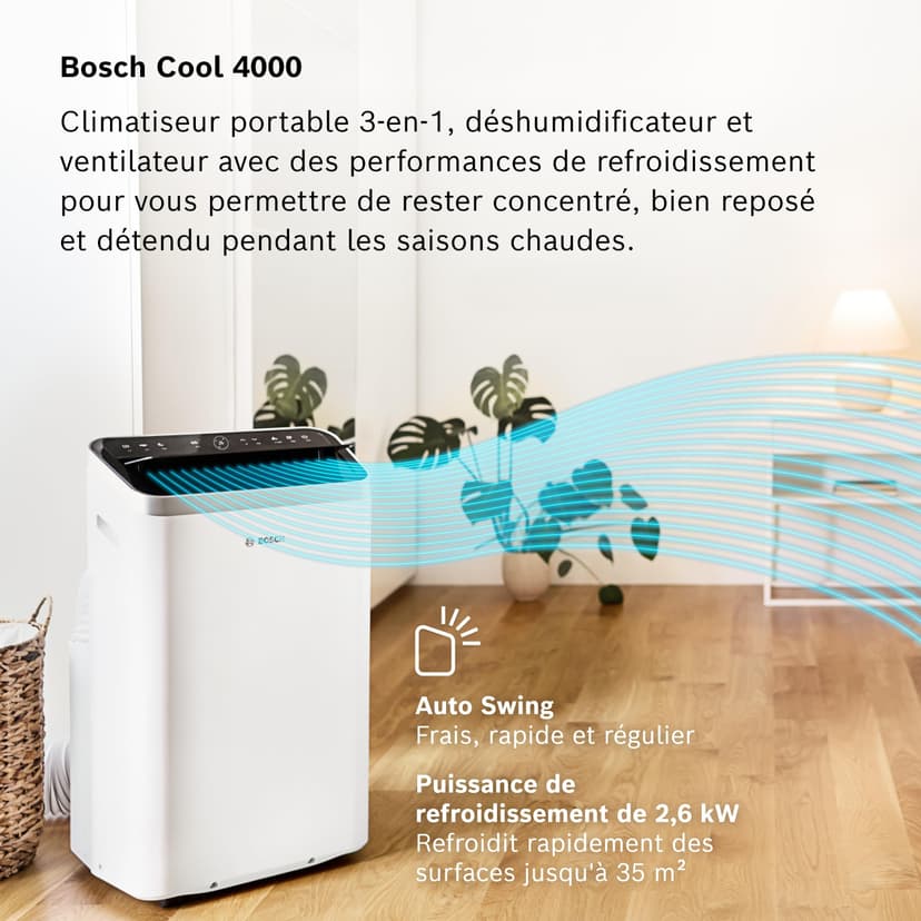 Bosch Cool 4000 Portable AC - 3 en 1 Climatiseur, Déshumidificateur, Ventilateur - 2,6 kW pour les pièces jusqu'à 35m² - Avec Mode Auto, Mode Silencieux et Mode Veille (48 db (A)) [Classe A+] - 2