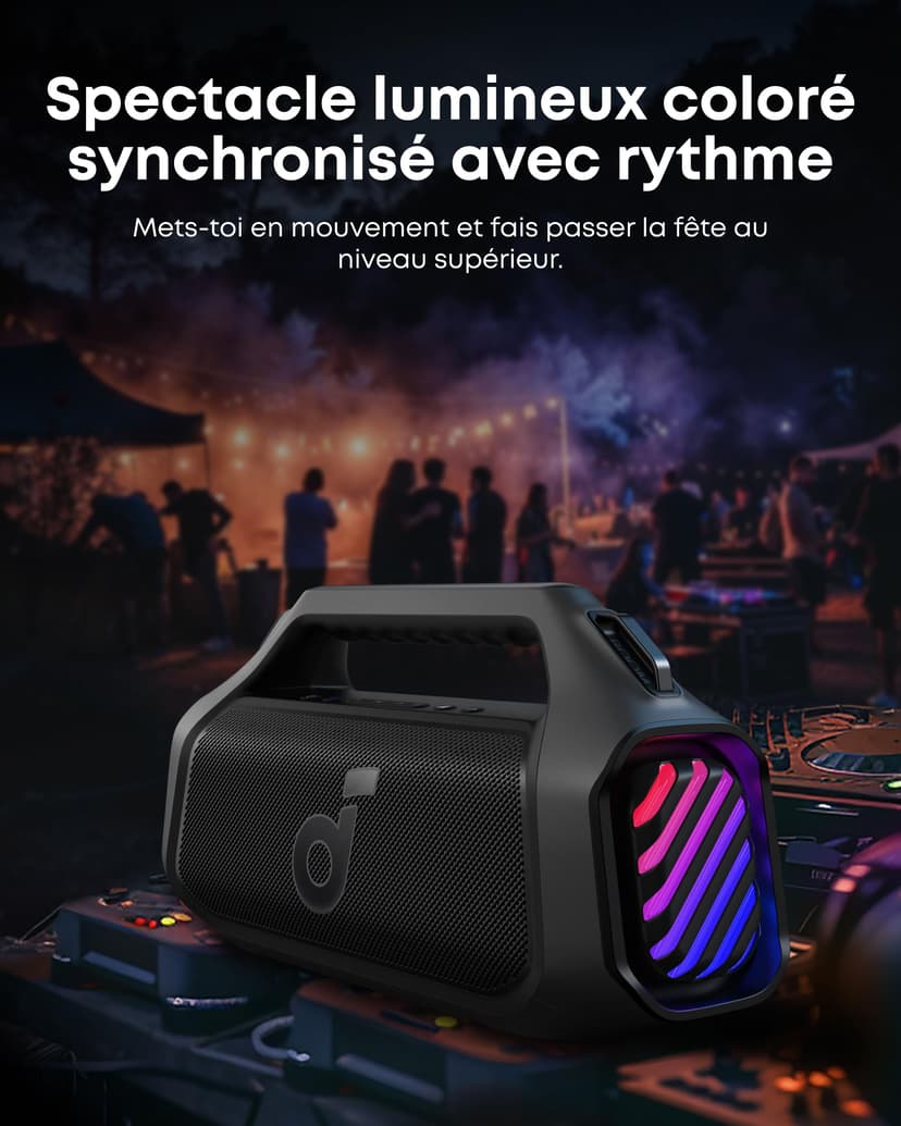 Soundcore Boom 2 Plus Enceinte Bluetooth puissante, 140W, 2+2 canaux stéréo, BassUp 2.0,Charge Rapide 30W, 20h, IPX7, lumières RGB, USB-C, pour l'extérieur, Le Camping, la Plage et Le Jardin - 4