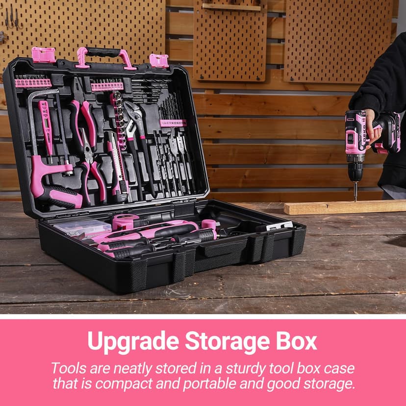 DEKO Complete Electric Tool Box 186 Pieces Pink with 20V Cordless Electric Drill, 10 mm Chuck without Key, Professional DIY Household Tool Box for Offices and Gardens - 6