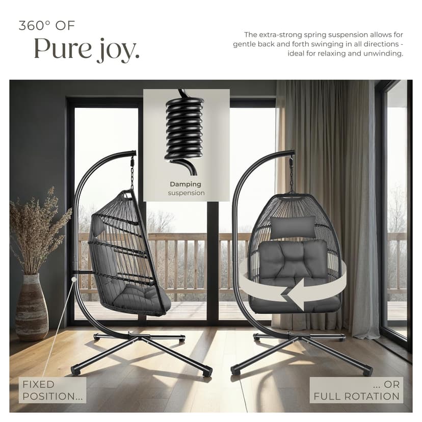 tectake® Luxurious Egg Chair with Stand, Thick Cushions, Polyrattan Weave, Rotatable & Height-Adjustable, Steel Frame, Incl. Protective Cover - Ideal Hammock Chair for Garden, Patio & Balcony - Grey - 7