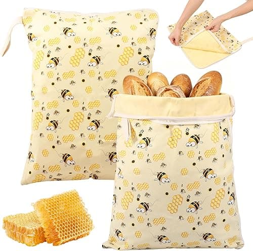 2 Pieces Beeswax Bread Bags 43cm×33cm, Reusable Bread Bags for Keeping Fresh with L Zipper and Handle, Bread Freshener Bags, Beeswax Bags