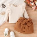 Geagodelia 2Pcs Baby Girl Outfit Clothes Set Newborn Toddler Clothing Long Sleeve Shirt Top + Skirts Spring Autumn Baby Grows 0-4 Years (Beige & Khaki, 6-12 Months) - 3