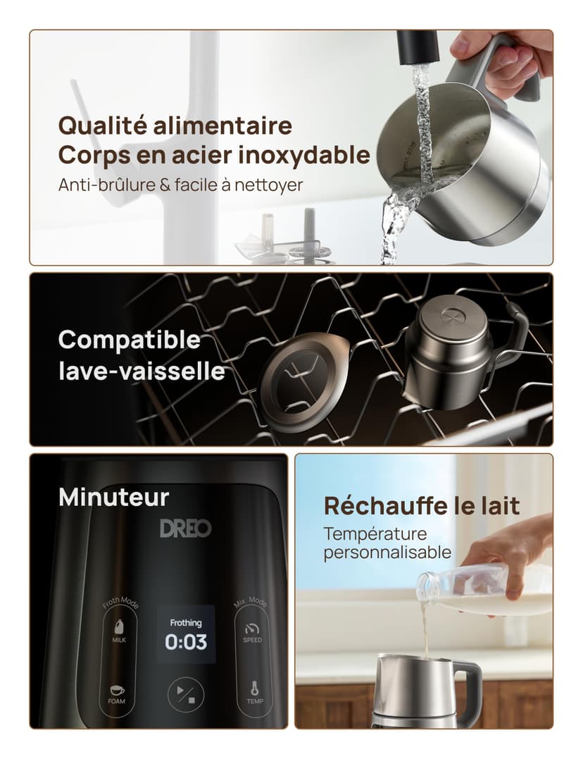 DREO Mousseur à Lait Électrique [Amélioré], Mousseur Automatique All-in-1 de 450ml pour Lait, Cappuccino, Chocolat Chaud, Plus de 30 Boissons, Facile à Nettoyer, Lavable au Lave-vaisselle, Écran LED - 6