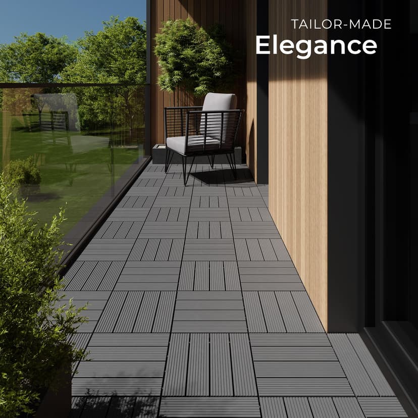 tectake® 22-Piece Decking Tile Set in Wooden Look, 31 x 31 cm per Tile, 2.1142m² Total Area, Easy Interlocking Click System, Non-Slip & Weather-Resistant WPC - Garden & Patio Decking Tiles - Grey - 7