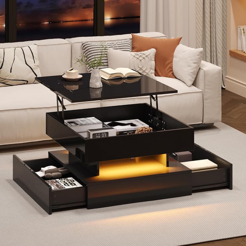 OKMYHOME Spanplatte Folding Coffee Table with LED and Hidden Storage, 2 Functional Drawers – 65 x 65 x 38.5 cm – Spanplatte Black - 1