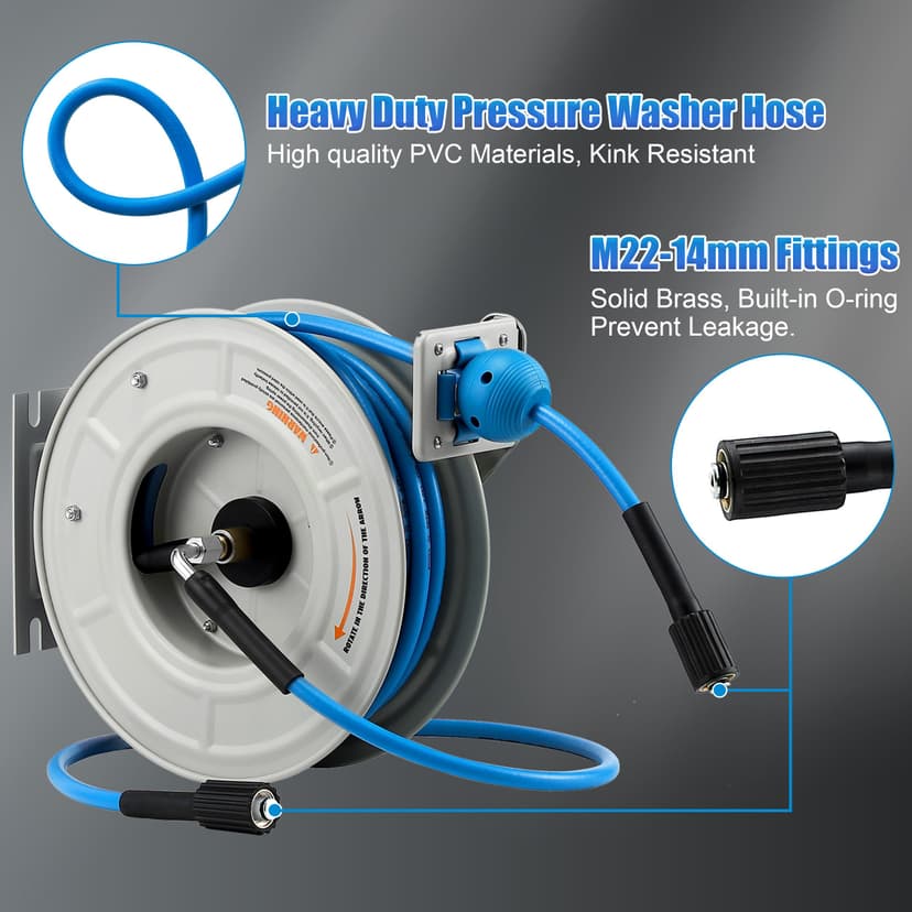 FIXFANS Pressure Washer Hose Reel with Hose, 1/4" x 60ft Retractable, Heavy Duty, Auto Rewind, Wall Mounted, 3600 PSI - 7