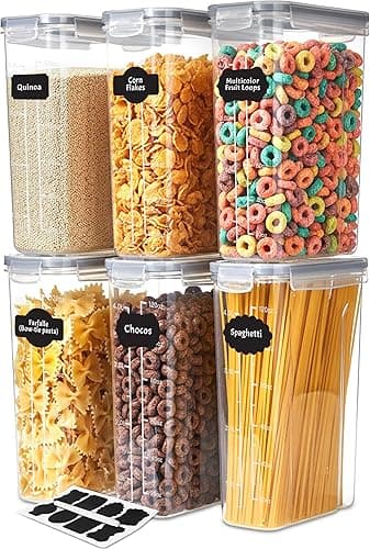 KICHLY Cereal & Dry Food Storage Container (Set of 6) – BPA Free Plastic – Airtight Kitchen Storage Containers – Cereal Dispenser for Kitchen & Pantry