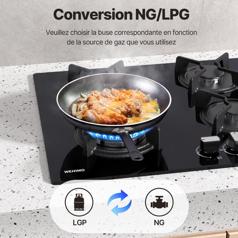 WEHIMO Gas Hob with 4 Burners, Built-in Gas Hob, 60 cm, Cast Iron Grill, 7800W, City Gas and Bottle, Black Glass - 8