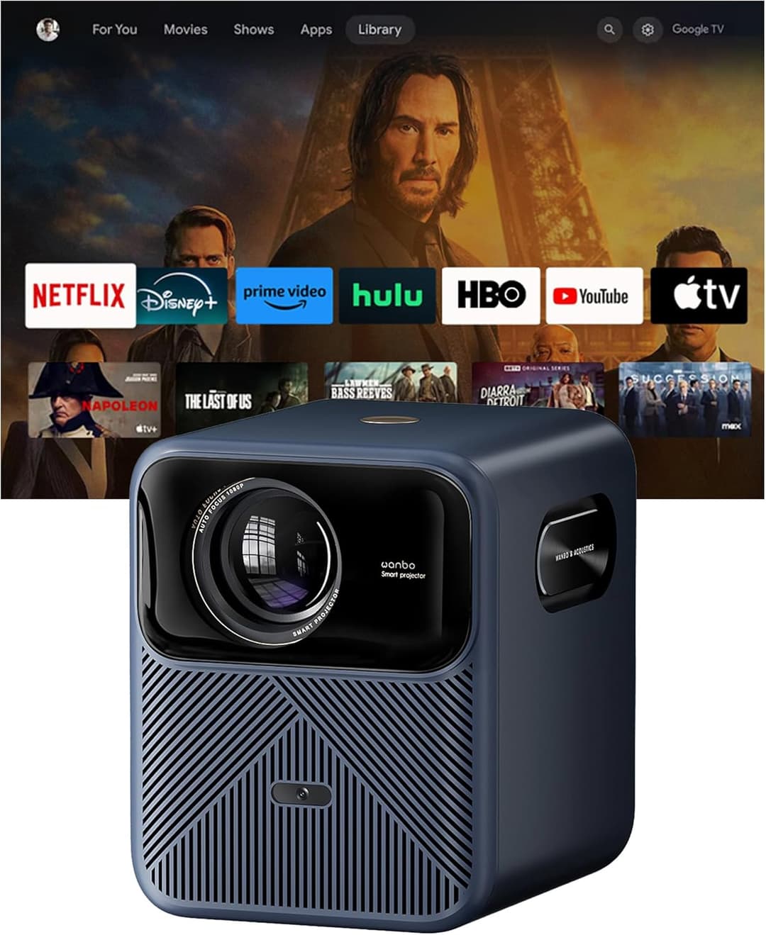 Wanbo Mozart 1 Pro Home Theater Projector for Bedroom, Outdoor & Indoor Home Cinema Speakers - Smart WiFi Projector with Auto Focus, Keystone, Google TV & Netflix - Wireless Streaming & Bluetooth