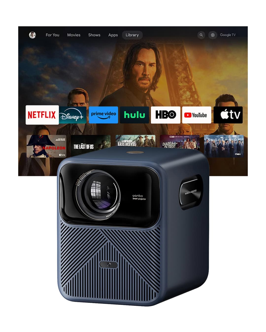 Wanbo Mozart 1 Pro Home Theater Projector for Bedroom, Outdoor & Indoor Home Cinema Speakers - Smart WiFi Projector with Auto Focus, Keystone, Google TV & Netflix - Wireless Streaming & Bluetooth
